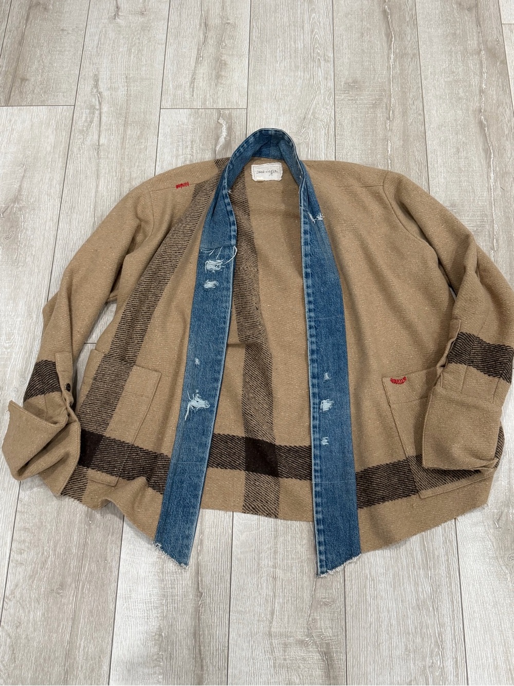 Greg Lauren Men's 4 Tan boxy striped kimono with Distressed Denim Placket